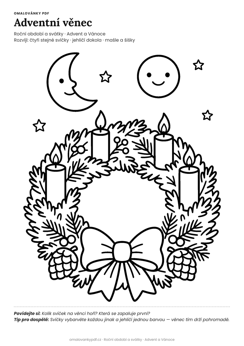 Omalovánka adventní věnec k vytisknutí pro děti 4–5 let – Adventní věnec – PDF v plné velikosti k tisku zdarma
