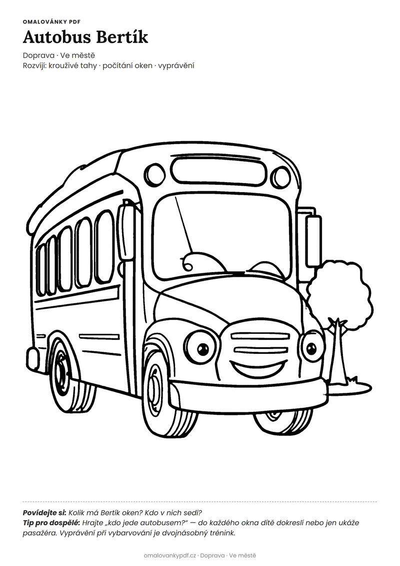 Omalovánka autobus k vytisknutí pro děti 3–4 roky – Autobus Bertík – PDF v plné velikosti k tisku zdarma
