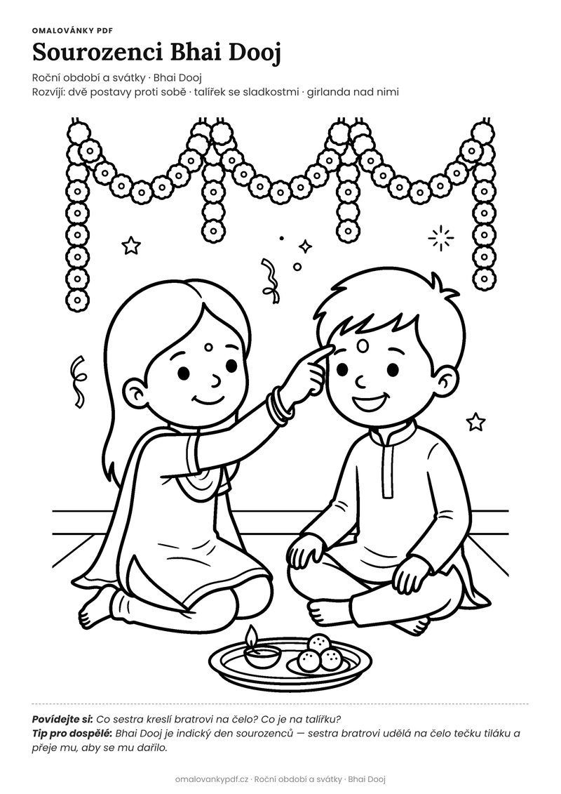 Omalovánka sourozenci Bhai Dooj k vytisknutí pro děti 5–6 let – Sourozenci Bhai Dooj – PDF v plné velikosti k tisku zdarma