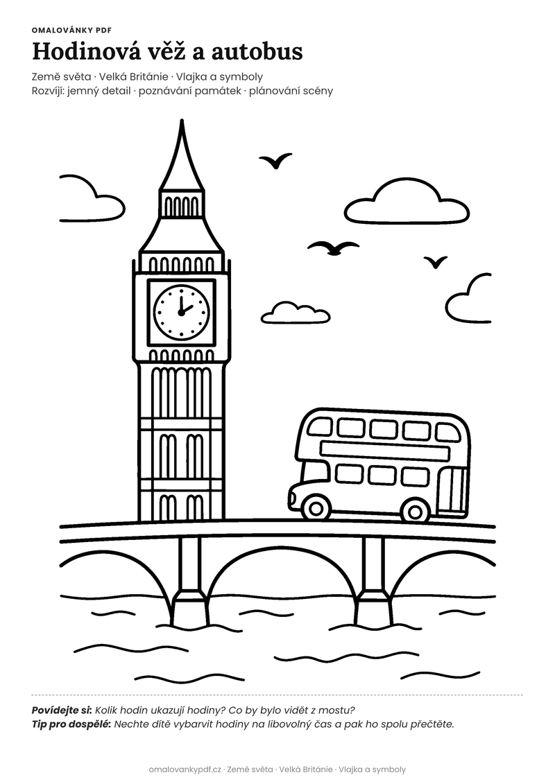 Omalovánka Big Ben k vytisknutí pro děti 5–6 let – Hodinová věž a autobus – PDF v plné velikosti k tisku zdarma