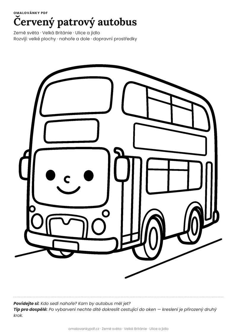 Omalovánka patrový autobus k vytisknutí pro děti 3–4 roky – Červený patrový autobus – PDF v plné velikosti k tisku zdarma