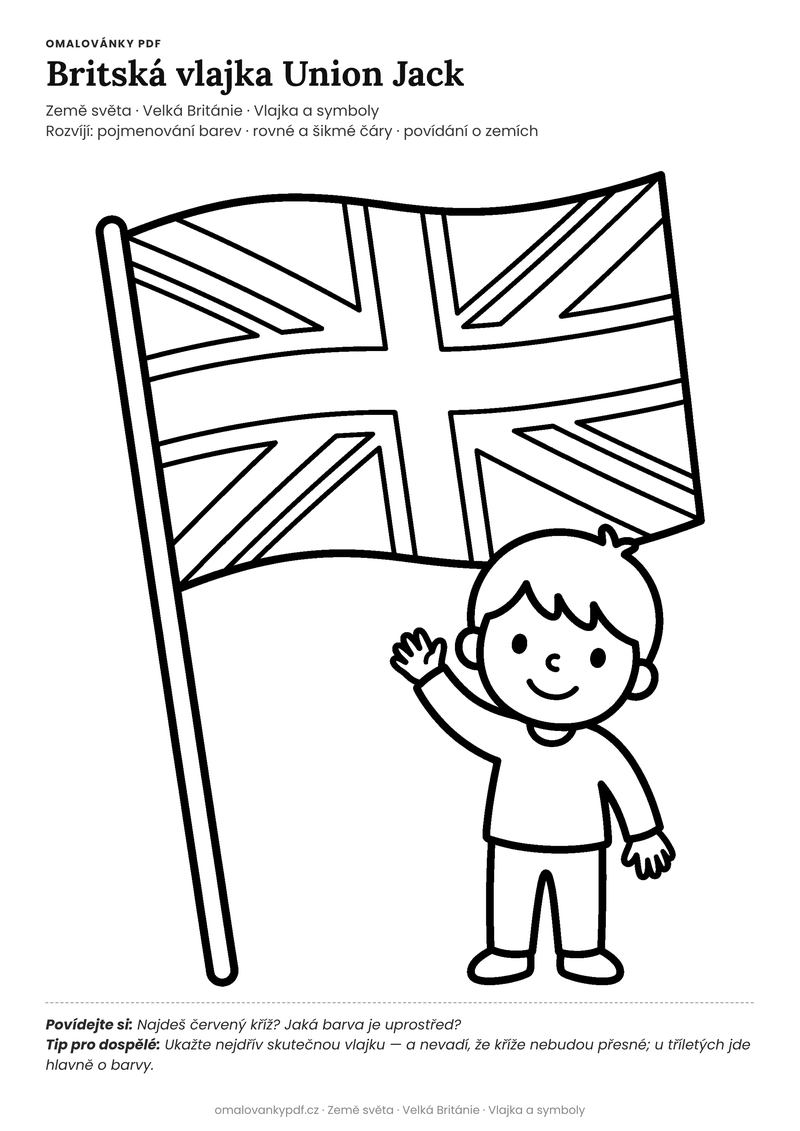 Omalovánka britská vlajka k vytisknutí pro děti 3–4 roky – Britská vlajka Union Jack – PDF v plné velikosti k tisku zdarma