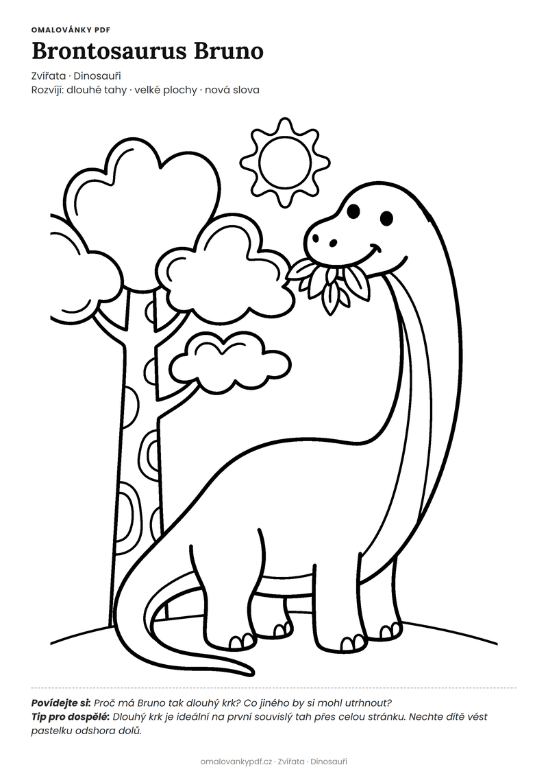 Omalovánka brontosaurus k vytisknutí pro děti 3–4 roky – Brontosaurus Bruno – PDF v plné velikosti k tisku zdarma