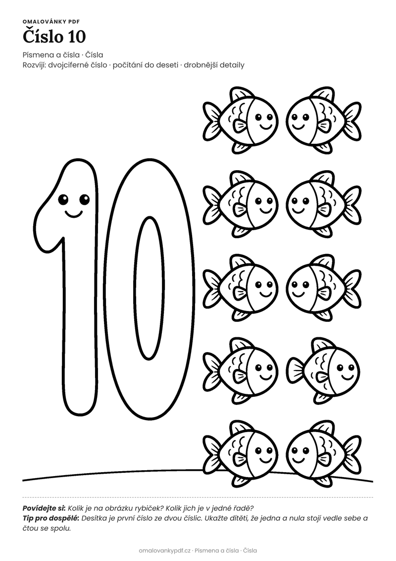 Omalovánka číslo 10 k vytisknutí pro děti 5–6 let – Číslo 10 – PDF v plné velikosti k tisku zdarma