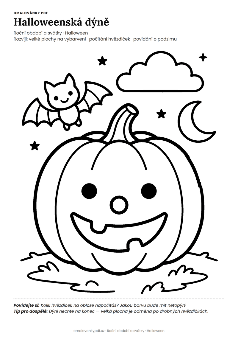 Omalovánka dýně k vytisknutí pro děti 4–5 let – Halloweenská dýně – PDF v plné velikosti k tisku zdarma