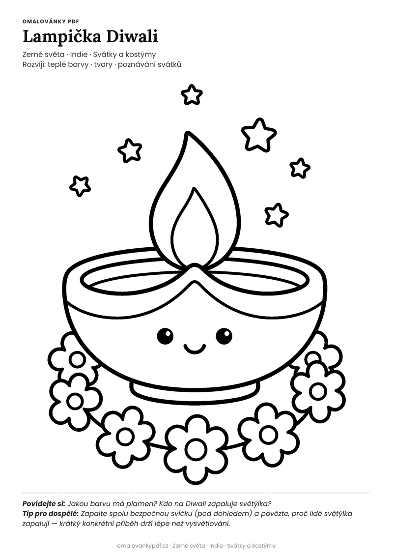 Omalovánka lampa diwali k vytisknutí pro děti 3–4 roky – Lampička Diwali – PDF v plné velikosti k tisku zdarma
