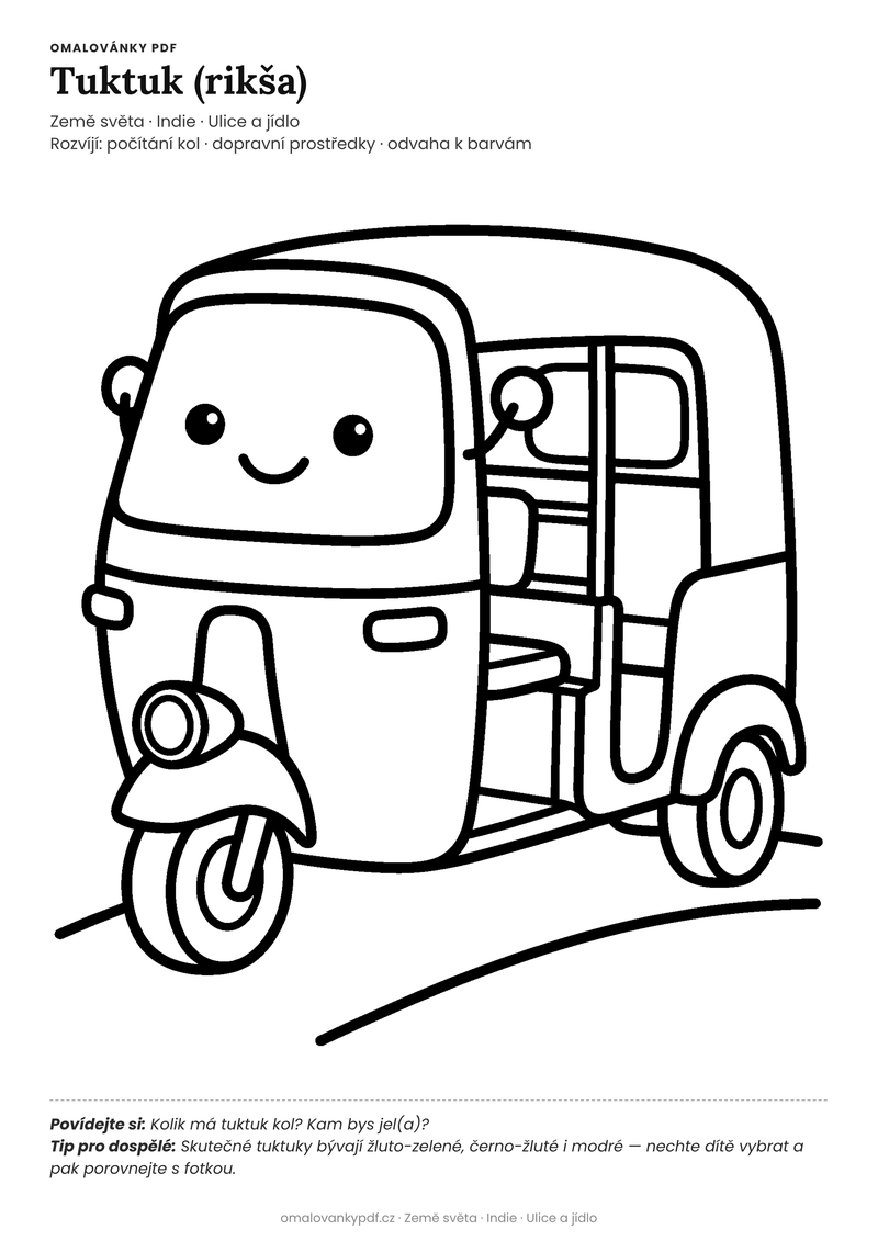 Omalovánka tuktuk k vytisknutí pro děti 3–4 roky – Tuktuk (rikša) – PDF v plné velikosti k tisku zdarma