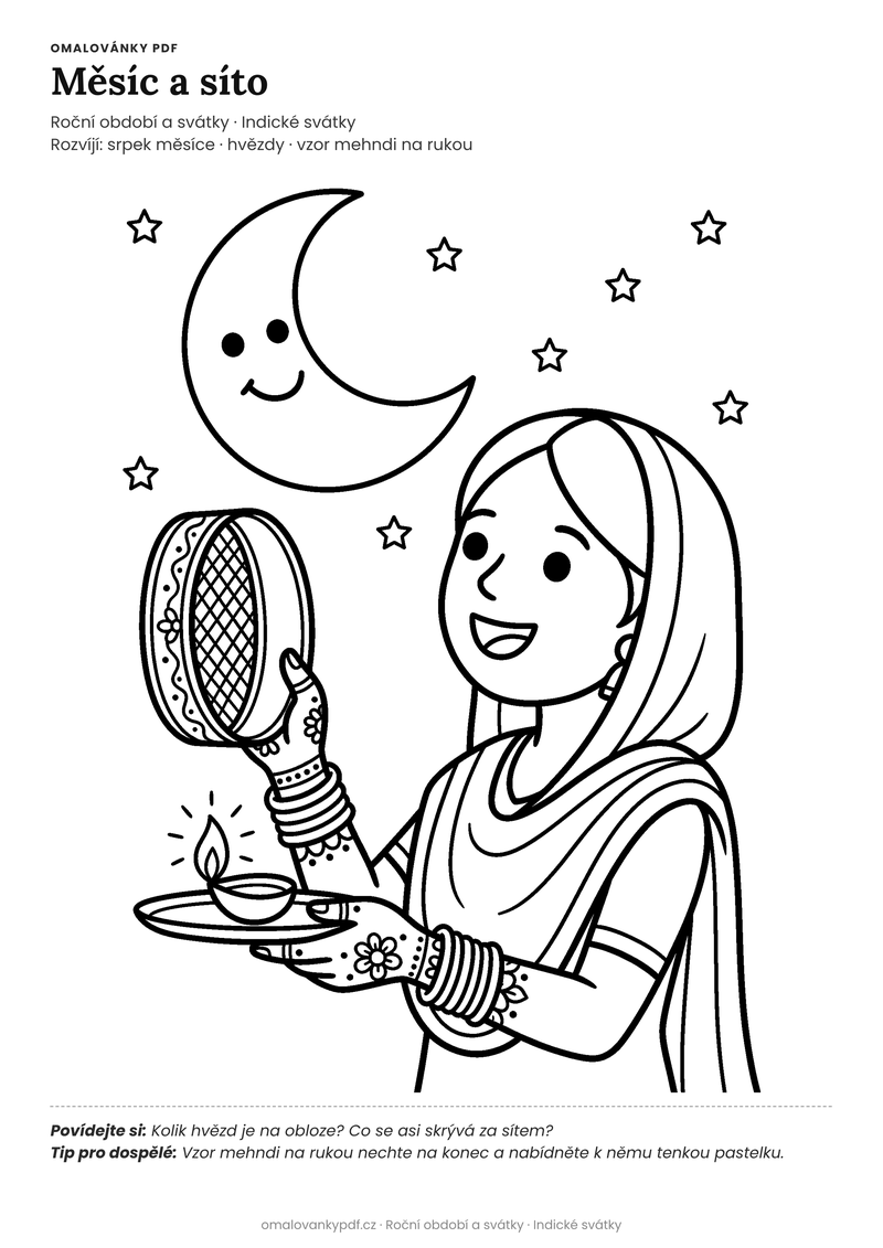 Omalovánka karwa chauth měsíc k vytisknutí pro děti 5–6 let – Měsíc a síto – PDF v plné velikosti k tisku zdarma