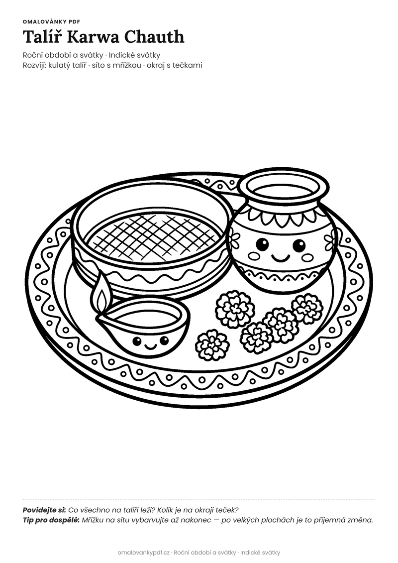Omalovánka karwa chauth talíř k vytisknutí pro děti 4–5 let – Talíř Karwa Chauth – PDF v plné velikosti k tisku zdarma