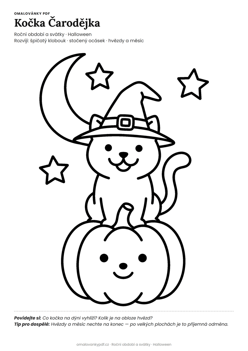 Omalovánka halloweenská kočka k vytisknutí pro děti 4–5 let – Kočka Čarodějka – PDF v plné velikosti k tisku zdarma