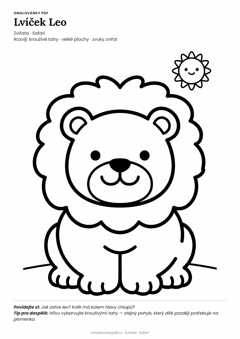 Omalovánka lev k vytisknutí pro děti 3–4 roky – Lvíček Leo – varianta 2