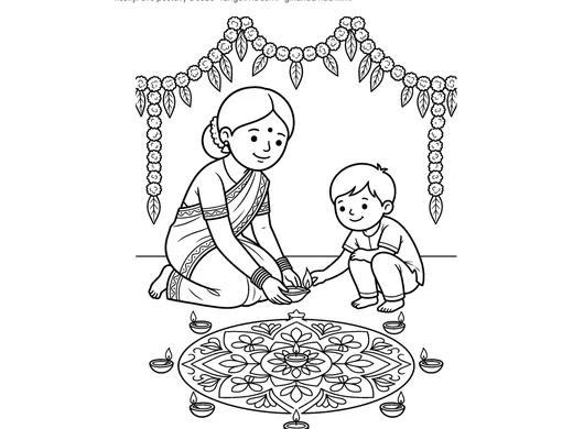 Omalovánka Diwali rodina pro děti 6–8 let – náhled