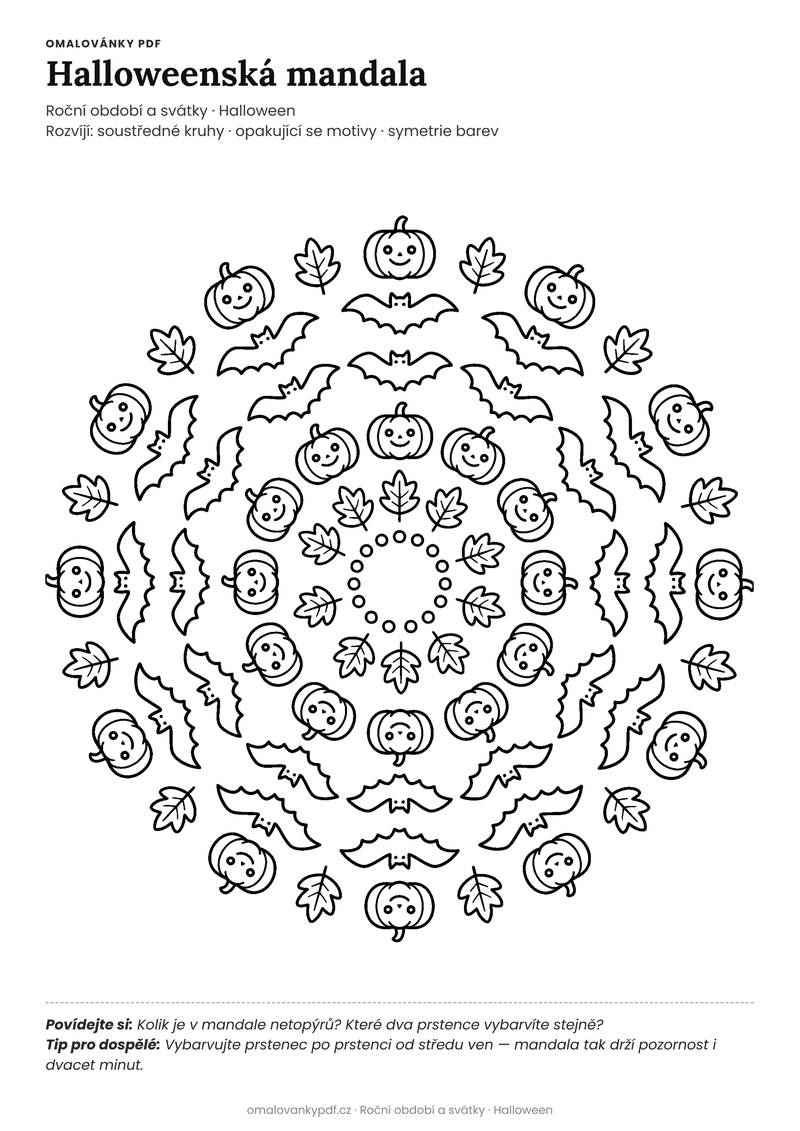 Omalovánka halloweenská mandala k vytisknutí pro děti 6–8 let – Halloweenská mandala – PDF v plné velikosti k tisku zdarma