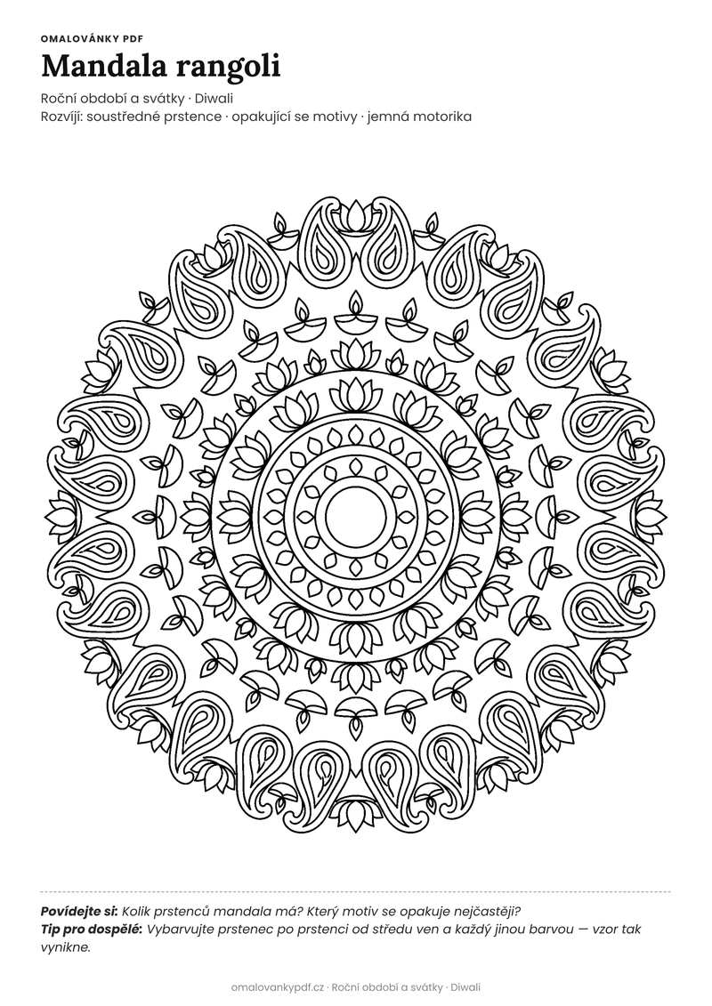 Omalovánka mandala rangoli k vytisknutí pro děti 6–8 let – Mandala rangoli – PDF v plné velikosti k tisku zdarma
