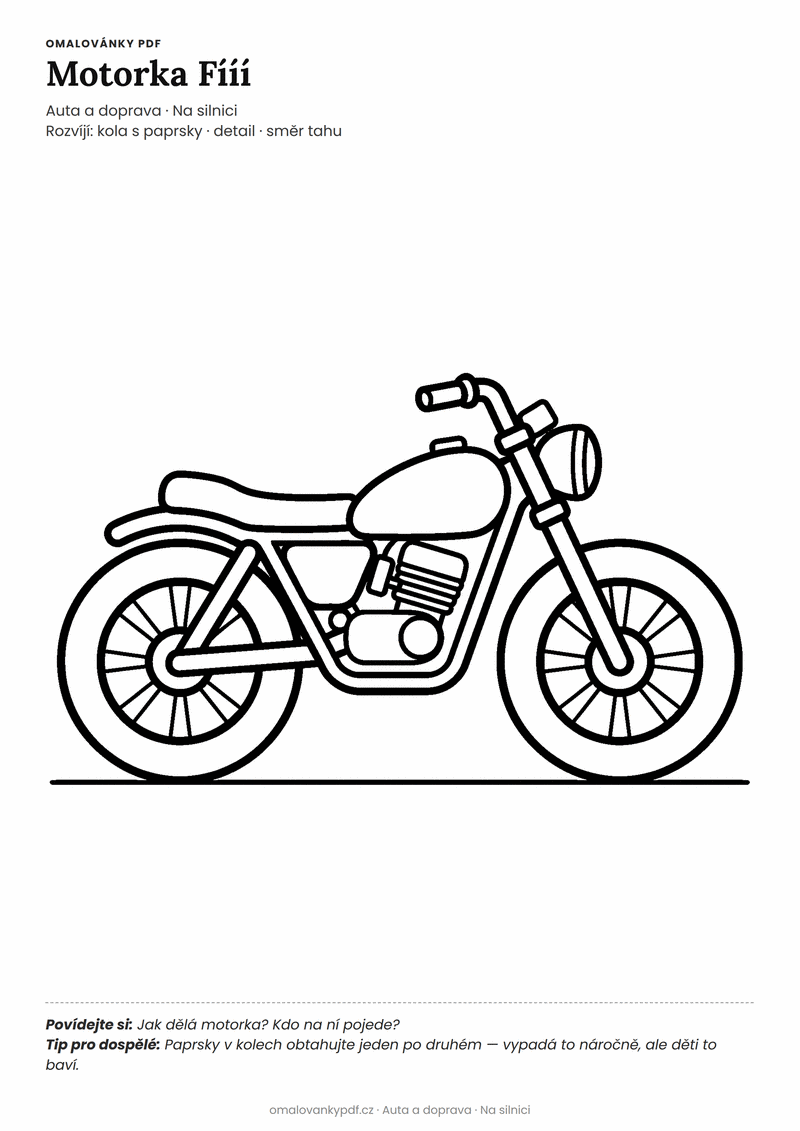 Omalovánka motorka k vytisknutí pro děti 4–5 let – Motorka Fííí – PDF v plné velikosti k tisku zdarma