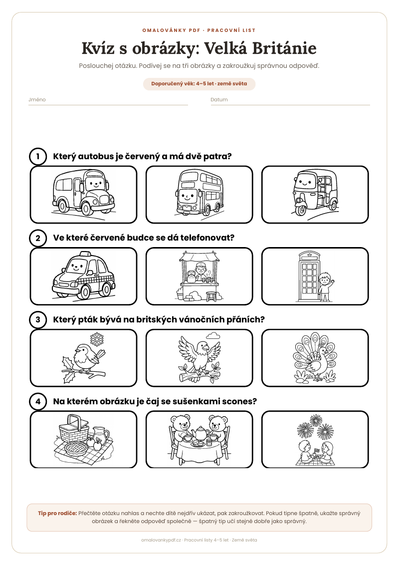 Kvíz s obrázky: Velká Británie – pracovní list pro děti 4–5 let, náhled