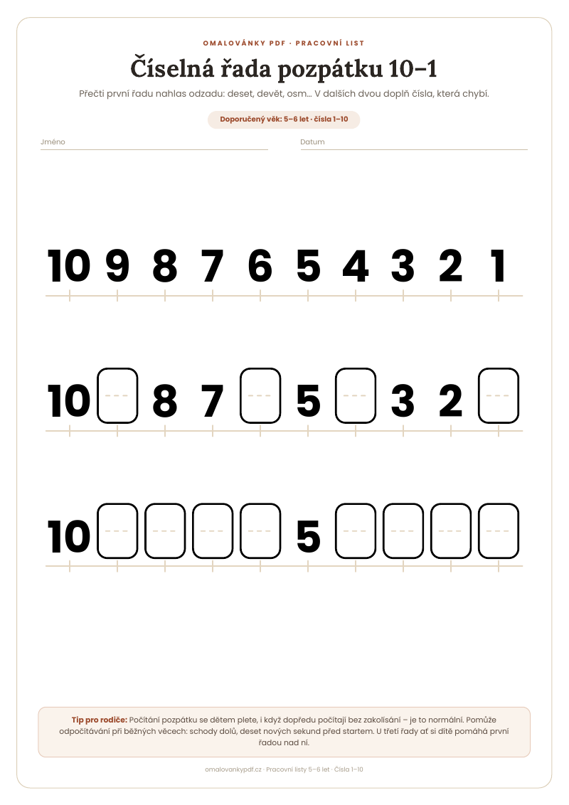 Číselná řada pozpátku 10–1 – pracovní list pro děti 5–6 let, náhled