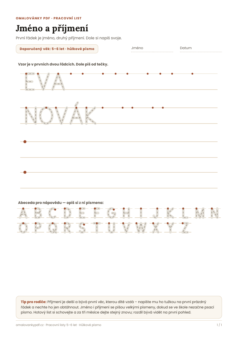 Jméno a příjmení – pracovní list pro děti 5–6 let, náhled