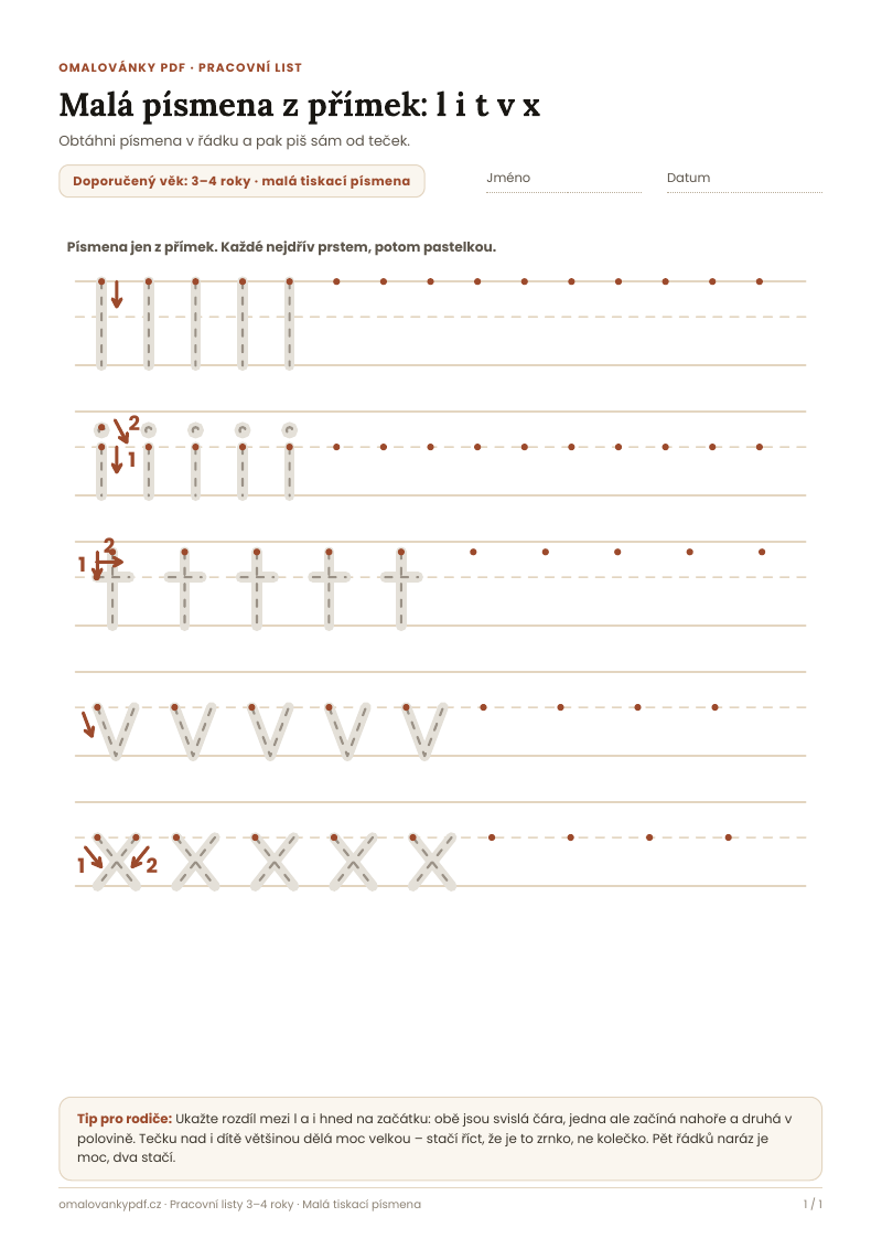 Malá písmena z přímek: l i t v x – pracovní list pro děti 3–4 roky, náhled