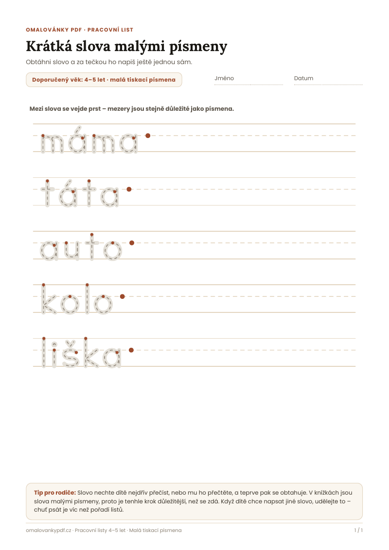 Krátká slova malými písmeny – pracovní list pro děti 4–5 let, náhled