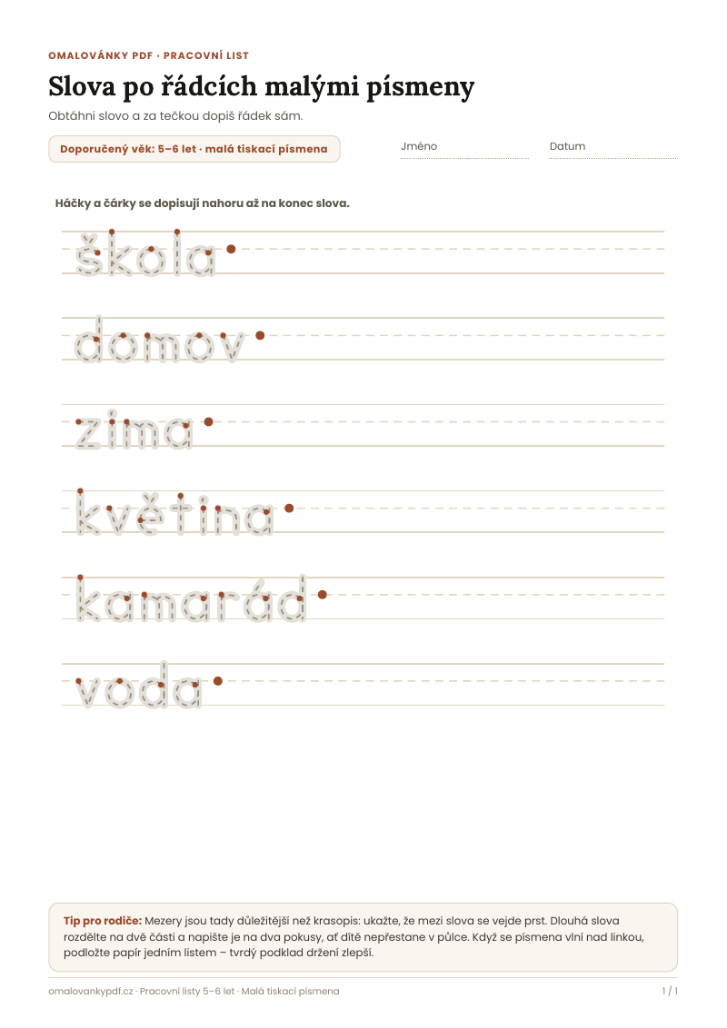 Slova po řádcích malými písmeny – pracovní list pro děti 5–6 let, náhled