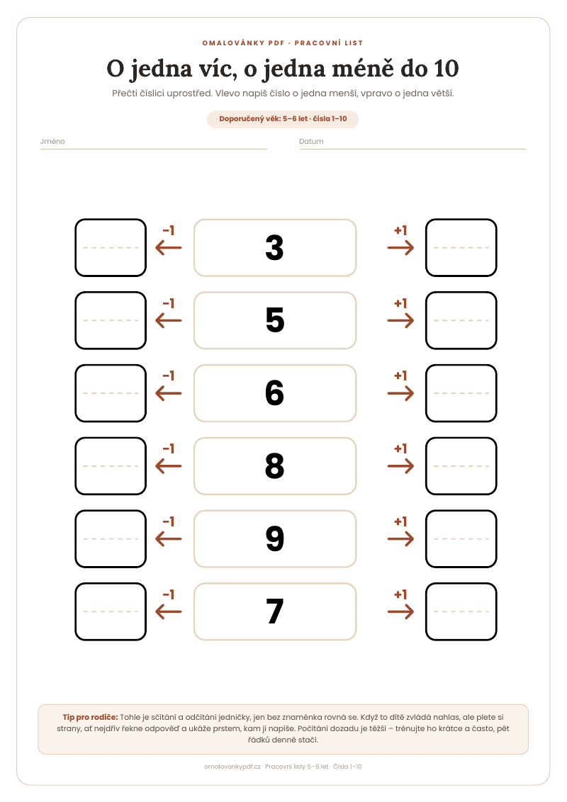 O jedna víc, o jedna méně do 10 – pracovní list pro děti 5–6 let, náhled