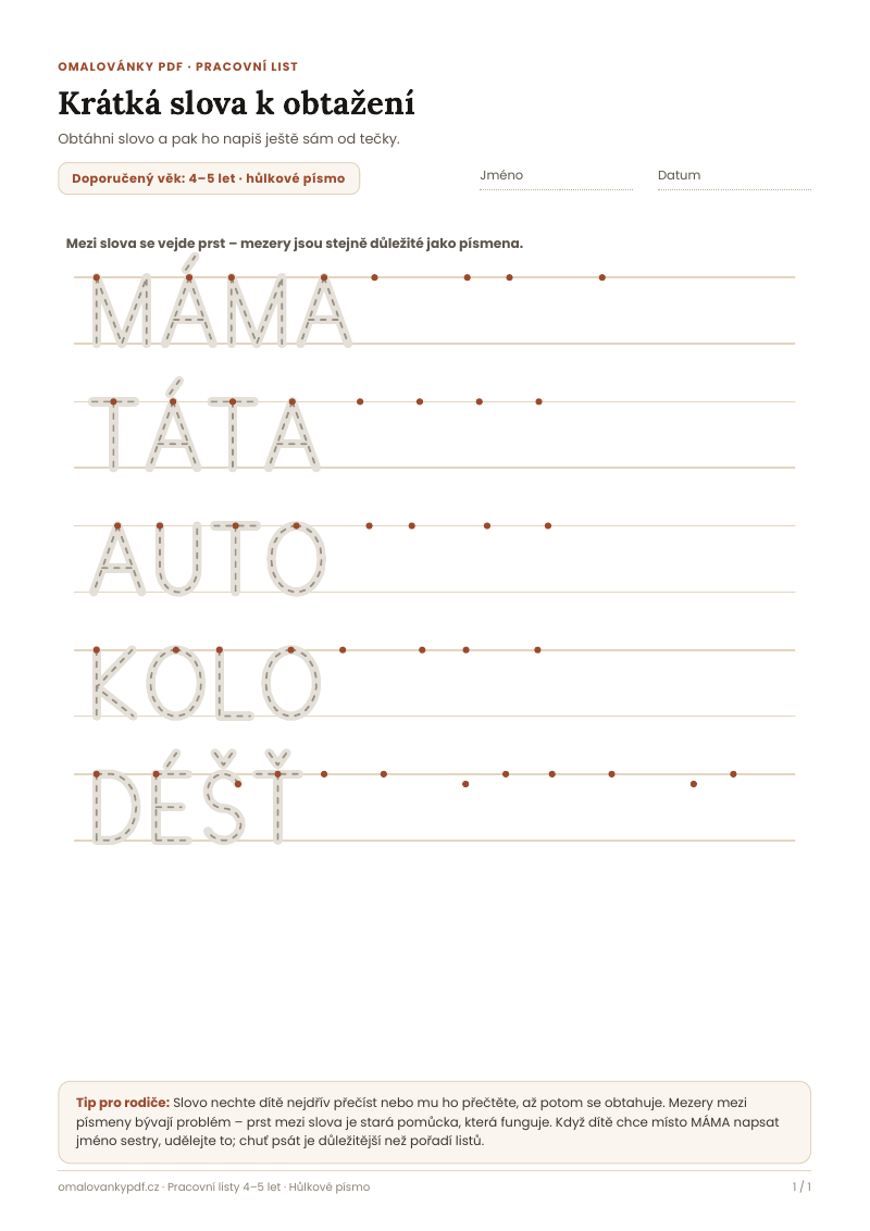Krátká slova k obtažení – pracovní list pro děti 4–5 let, náhled
