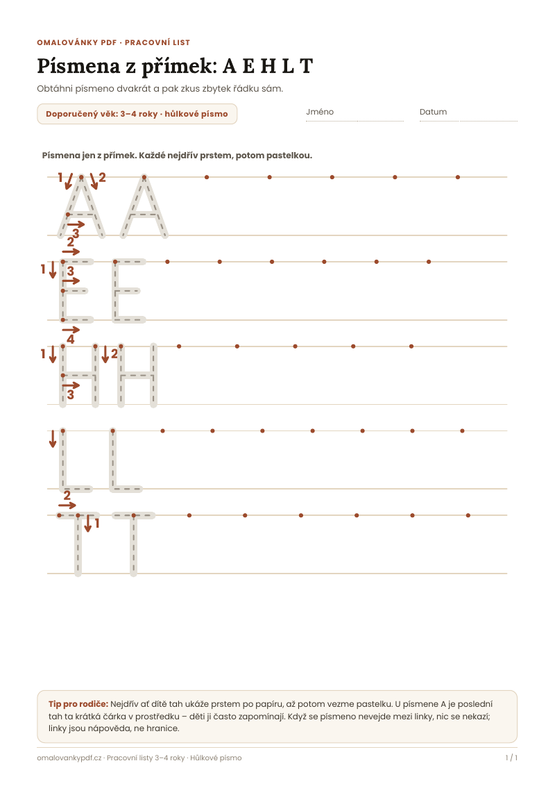 Písmena z přímek: A E H L T – pracovní list pro děti 3–4 roky, náhled