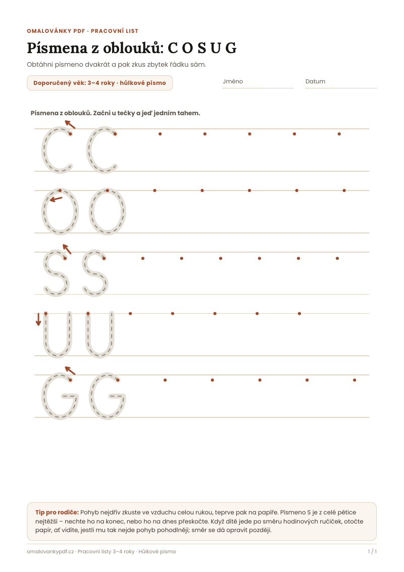 Písmena z oblouků: C O S U G – pracovní list pro děti 3–4 roky, náhled