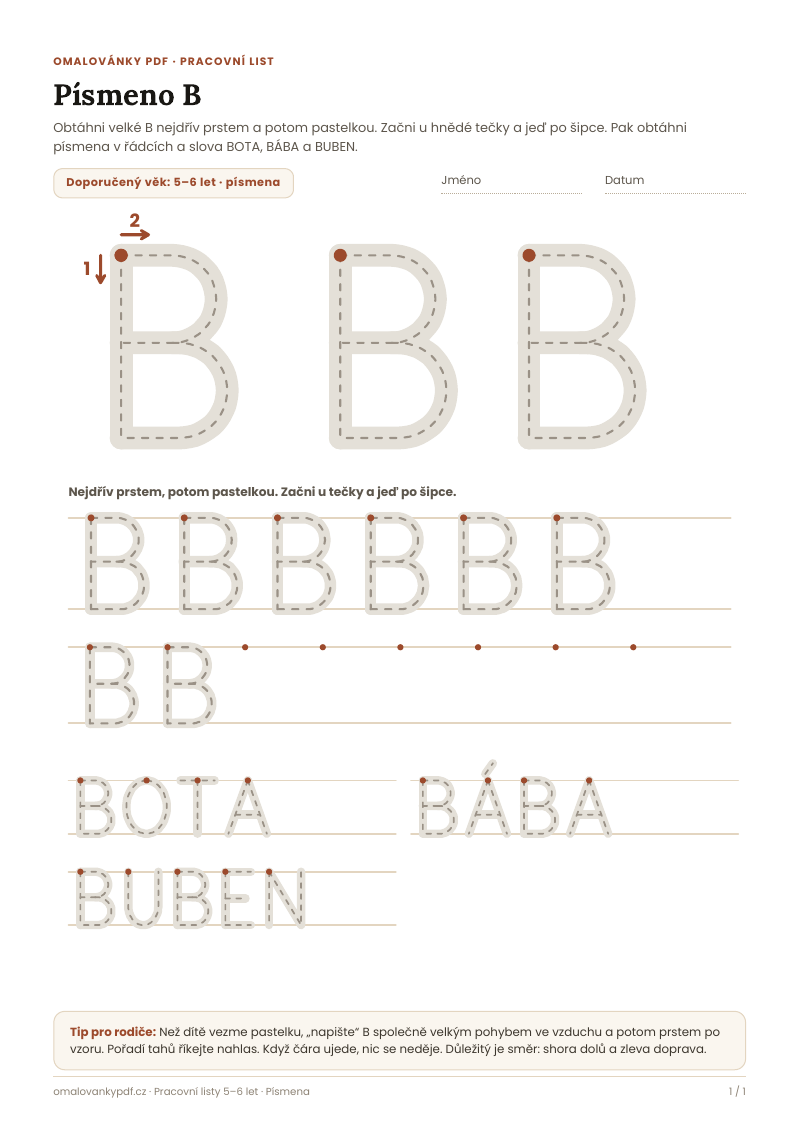 Písmeno B – pracovní list pro děti 5–6 let, náhled