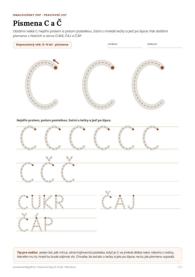 Písmena C a Č – pracovní list pro děti 5–6 let, náhled