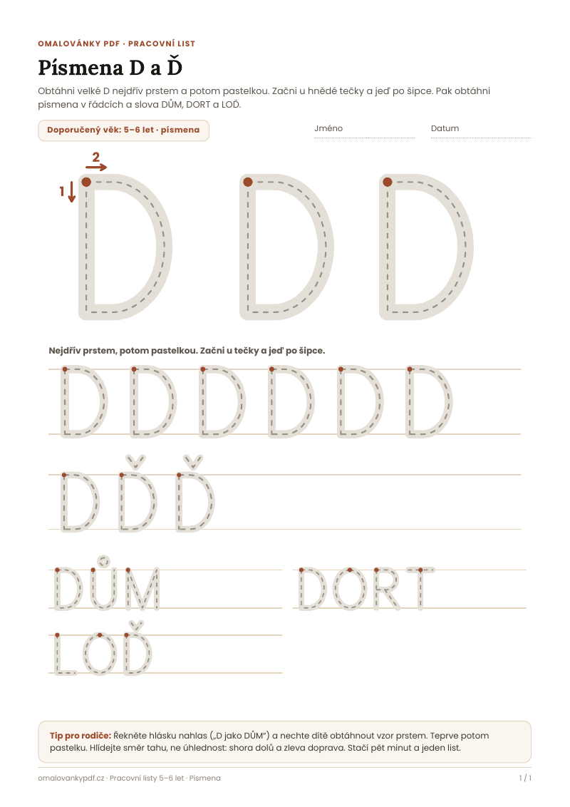 Písmena D a Ď – pracovní list pro děti 5–6 let, náhled