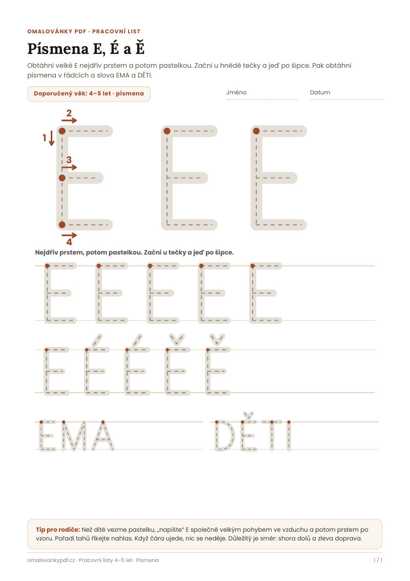 Písmena E, É a Ě – pracovní list pro děti 4–5 let, náhled