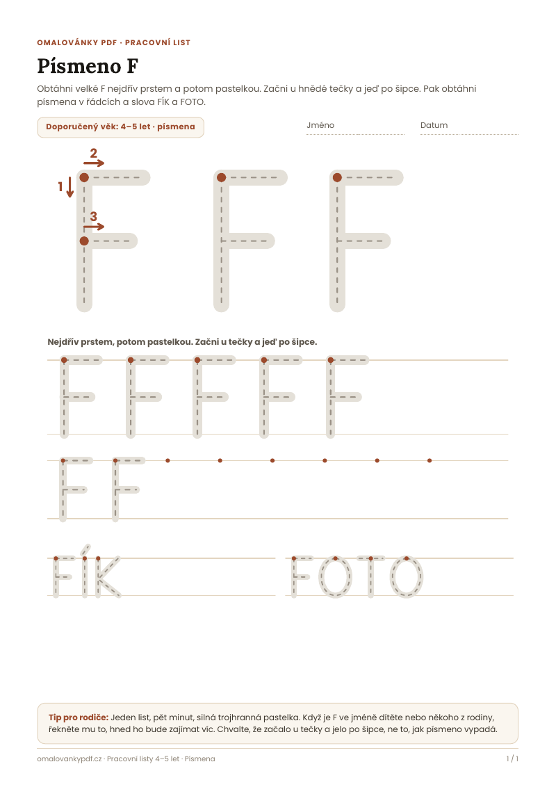 Písmeno F – pracovní list pro děti 4–5 let, náhled