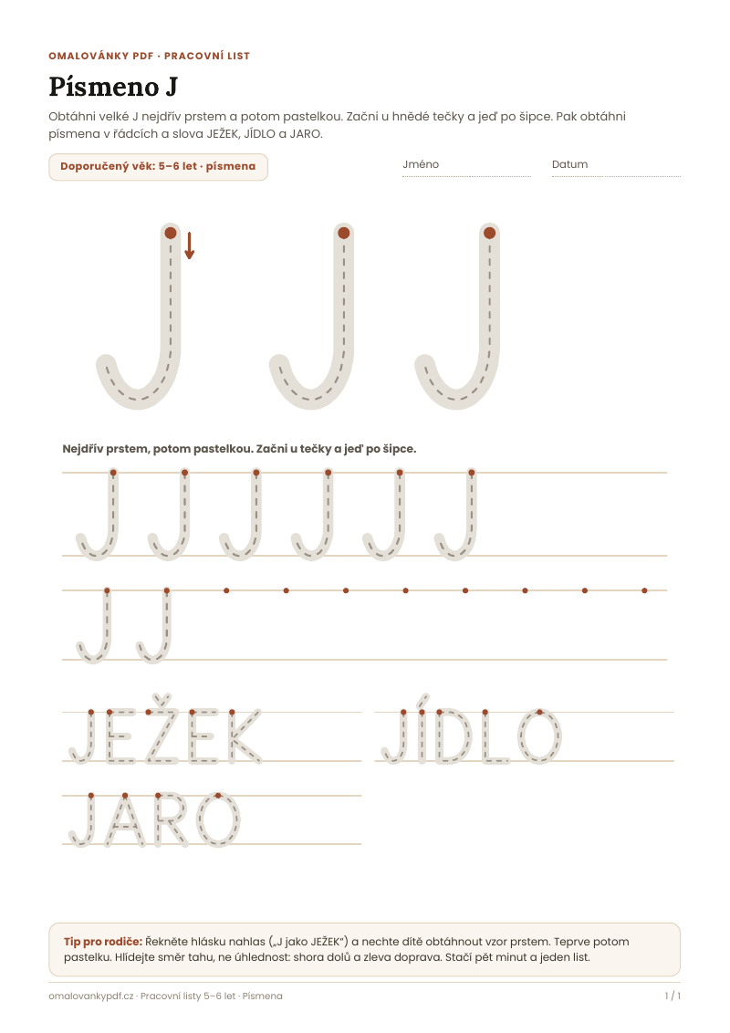 Písmeno J – pracovní list pro děti 5–6 let, náhled