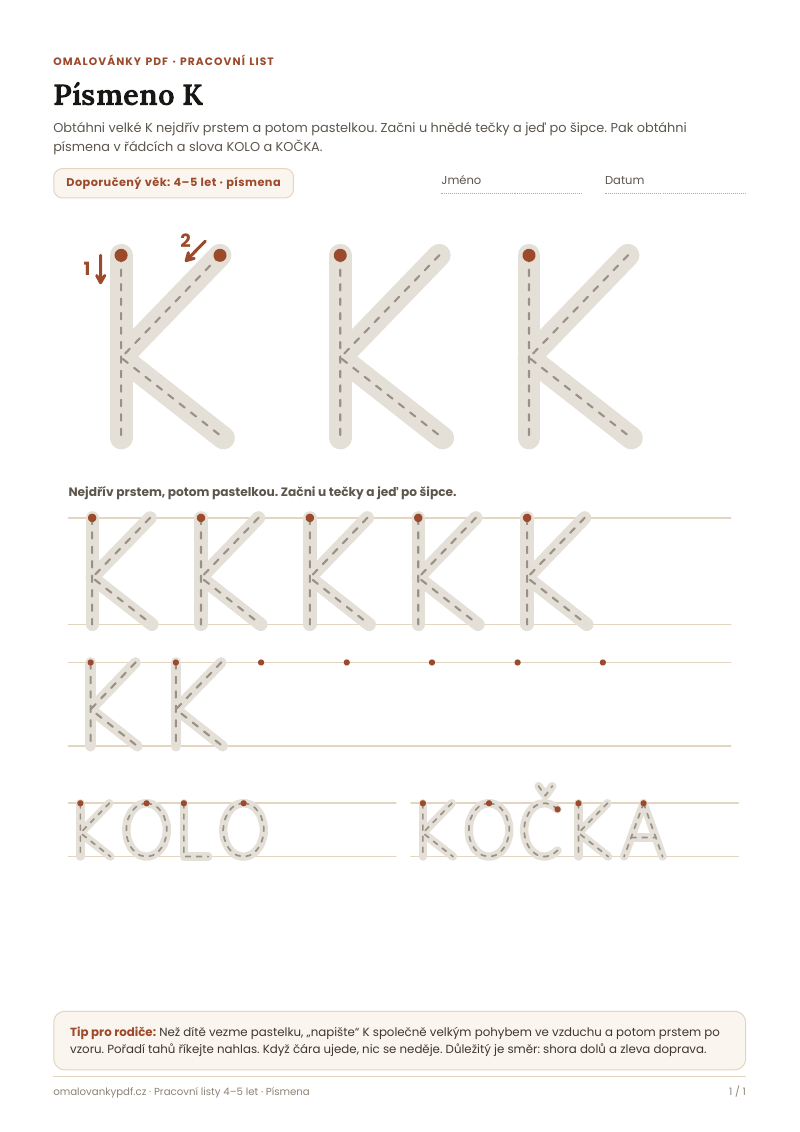 Písmeno K – pracovní list pro děti 4–5 let, náhled