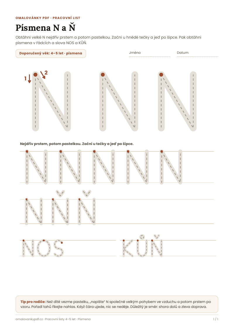 Písmena N a Ň – pracovní list pro děti 4–5 let, náhled