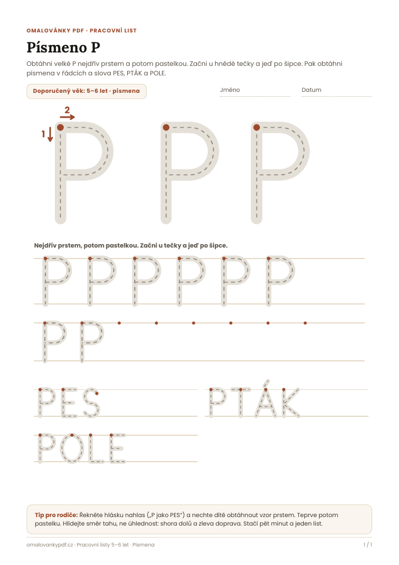 Písmeno P – pracovní list pro děti 5–6 let, náhled