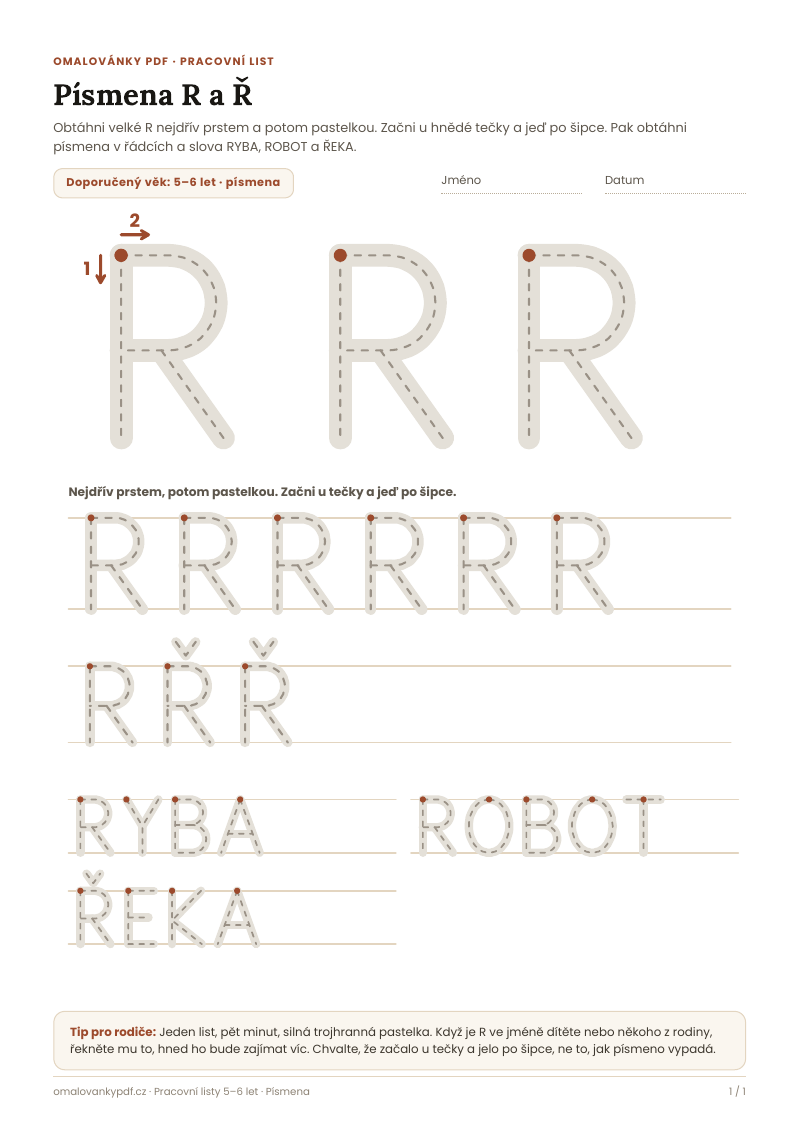 Písmena R a Ř – pracovní list pro děti 5–6 let, náhled