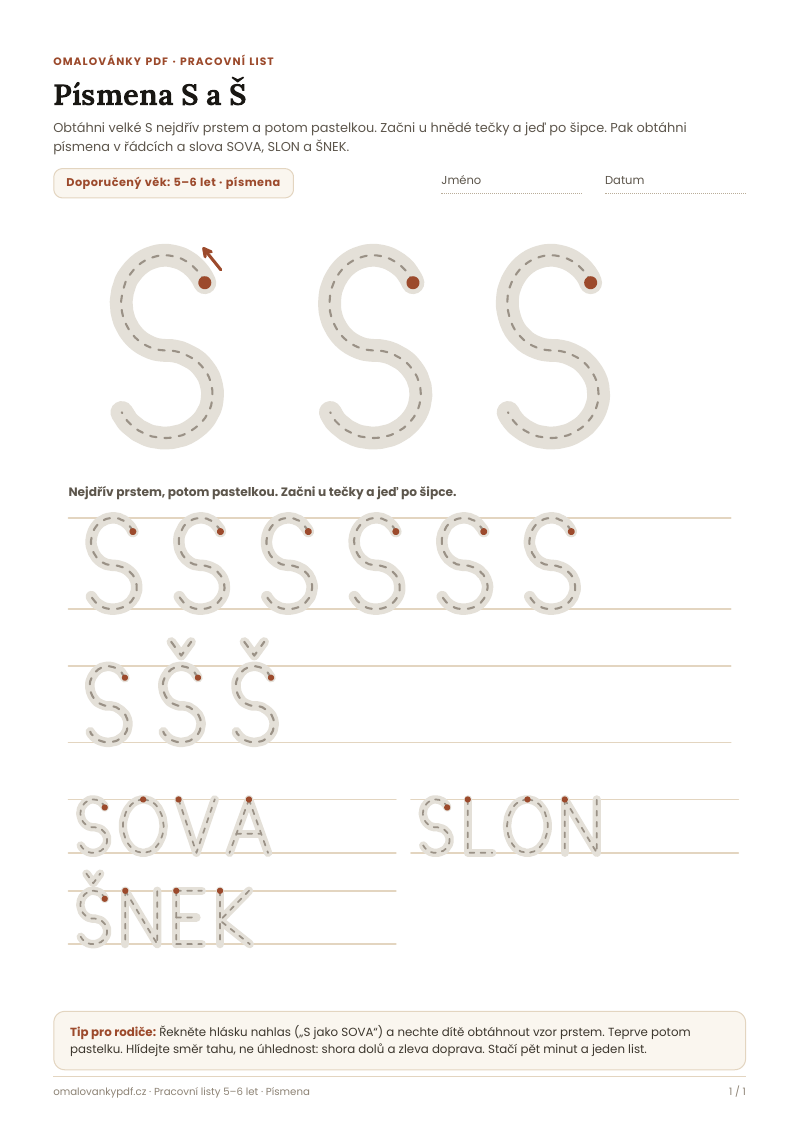 Písmena S a Š – pracovní list pro děti 5–6 let, náhled