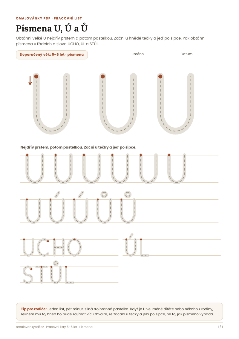 Písmena U, Ú a Ů – pracovní list pro děti 5–6 let, náhled