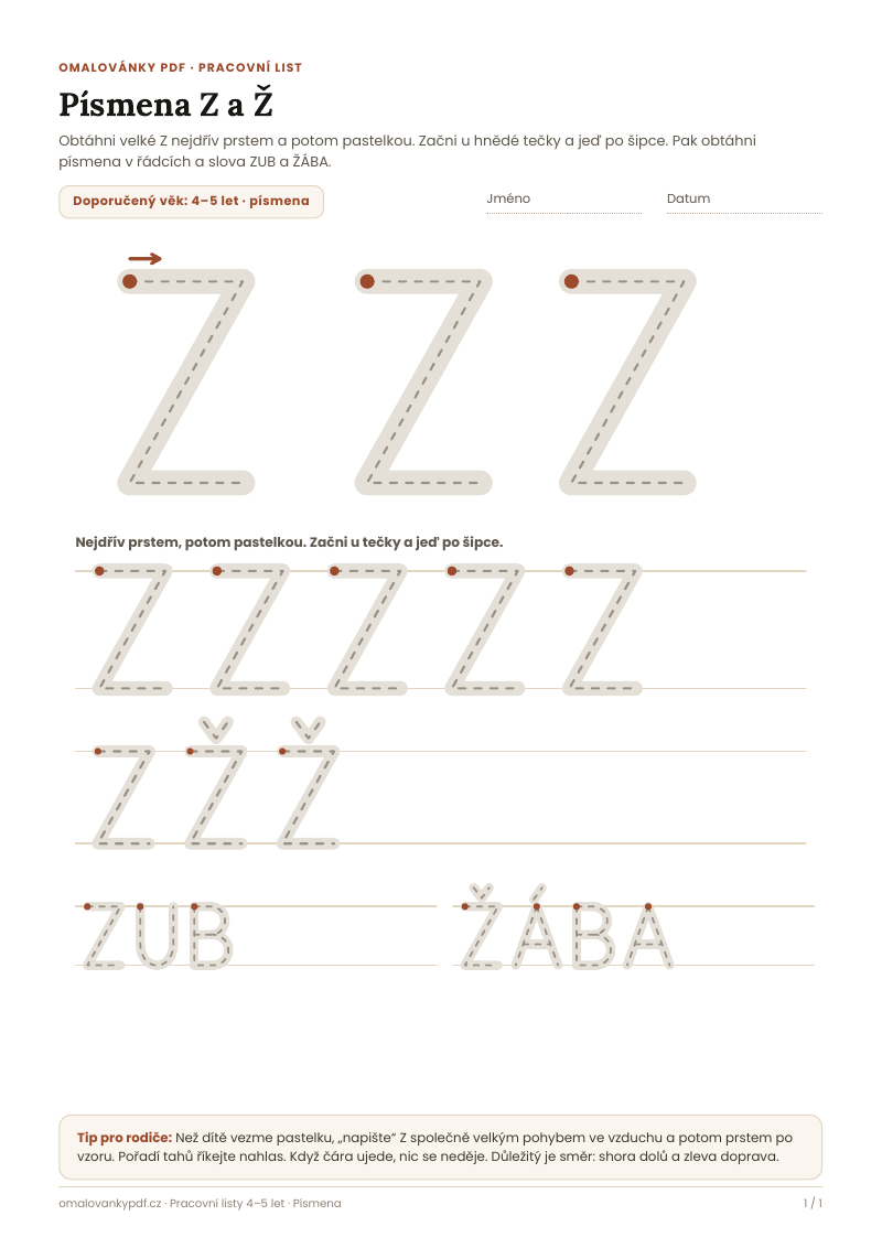 Písmena Z a Ž – pracovní list pro děti 4–5 let, náhled