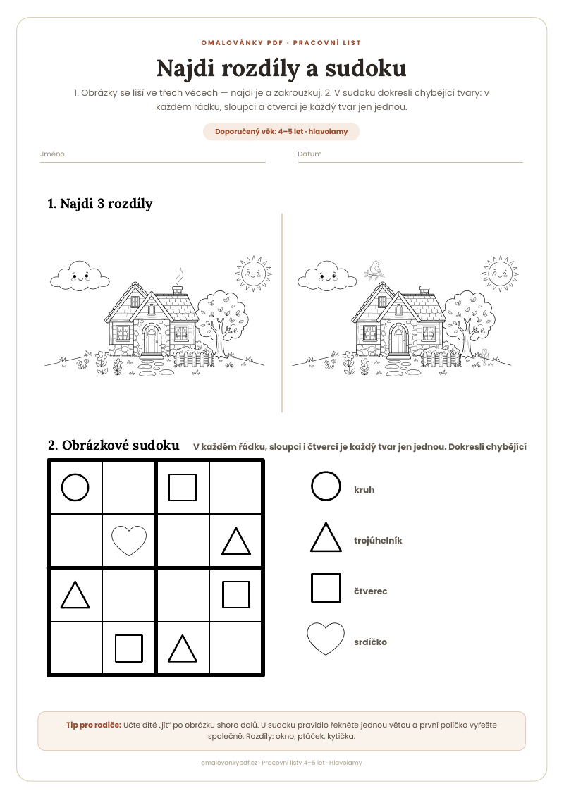 Najdi rozdíly a sudoku – pracovní list pro děti 4–5 let, náhled