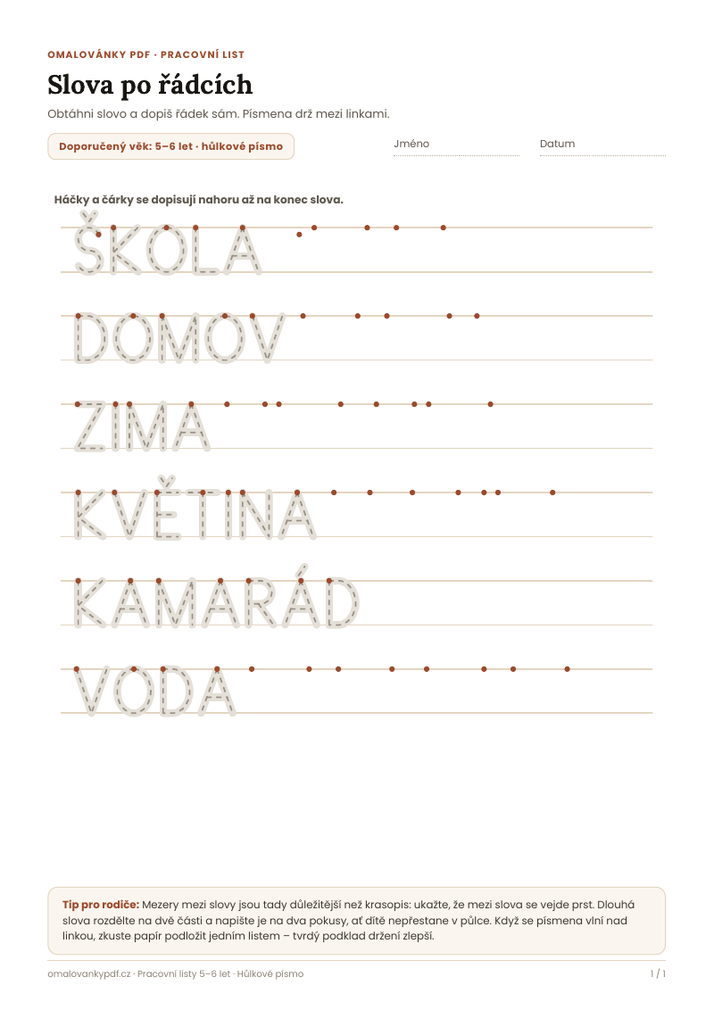 Slova po řádcích – pracovní list pro děti 5–6 let, náhled