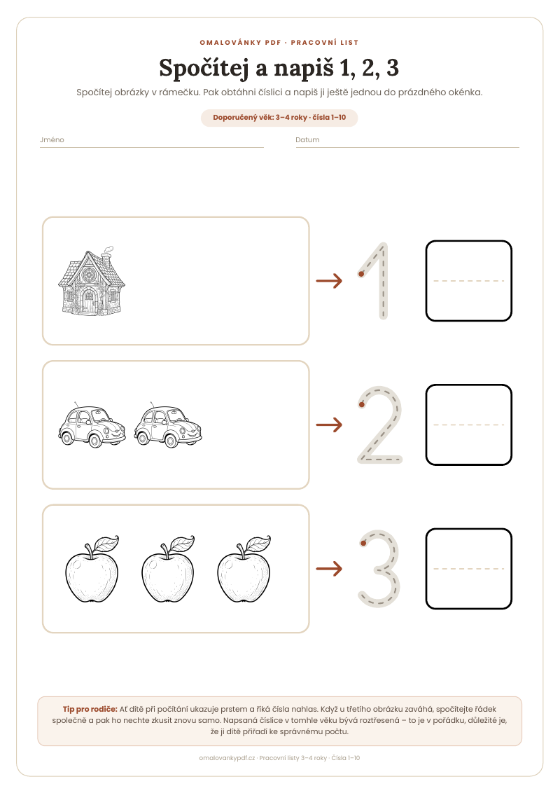 Spočítej a napiš 1, 2, 3 – pracovní list pro děti 3–4 roky, náhled