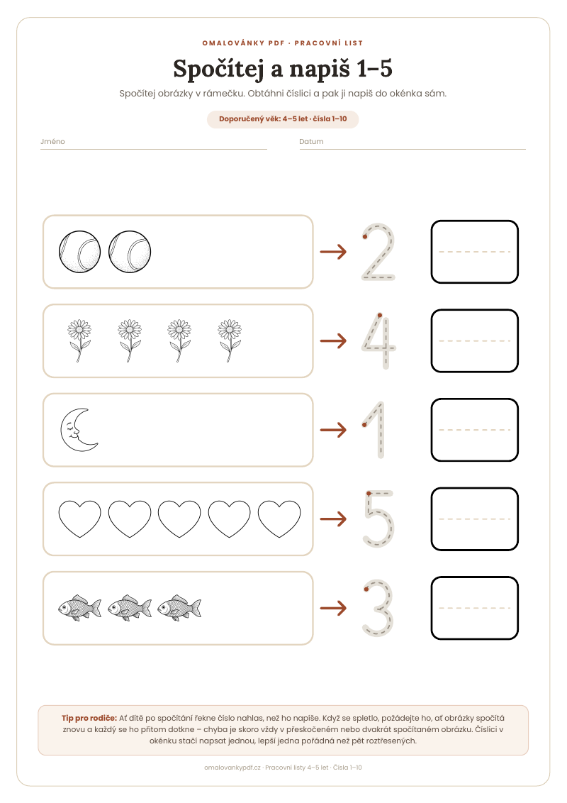 Spočítej a napiš 1–5 – pracovní list pro děti 4–5 let, náhled
