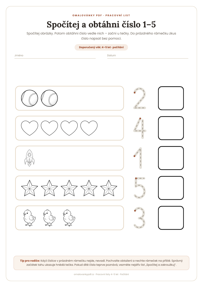 Spočítej a obtáhni číslo 1–5 – pracovní list pro děti 4–5 let, náhled