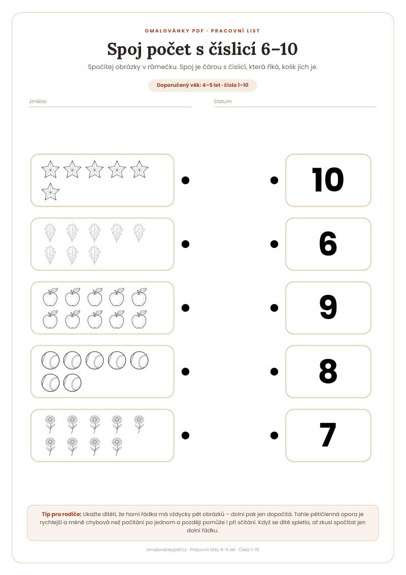 Spoj počet s číslicí 6–10 – pracovní list pro děti 4–5 let, náhled