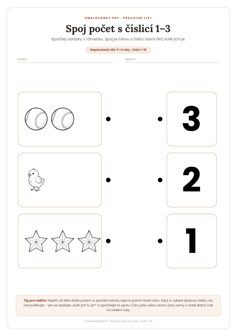 Spoj počet s číslicí 1–3 – pracovní list pro děti 3–4 roky, náhled