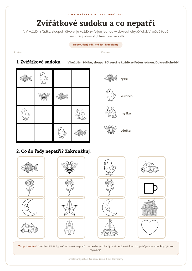 Zvířátkové sudoku a co nepatří – pracovní list pro děti 4–5 let, náhled